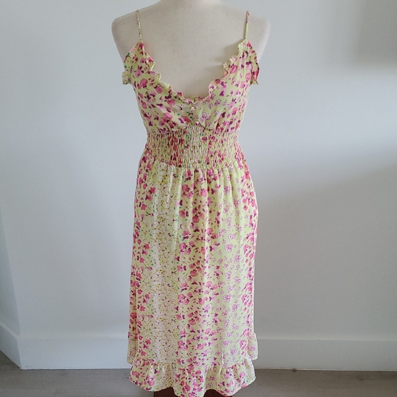 Sienna Sky Dresses & Skirts - Sienna Sky Pink Floral Yellow Midi Dress with Ruffle Trim